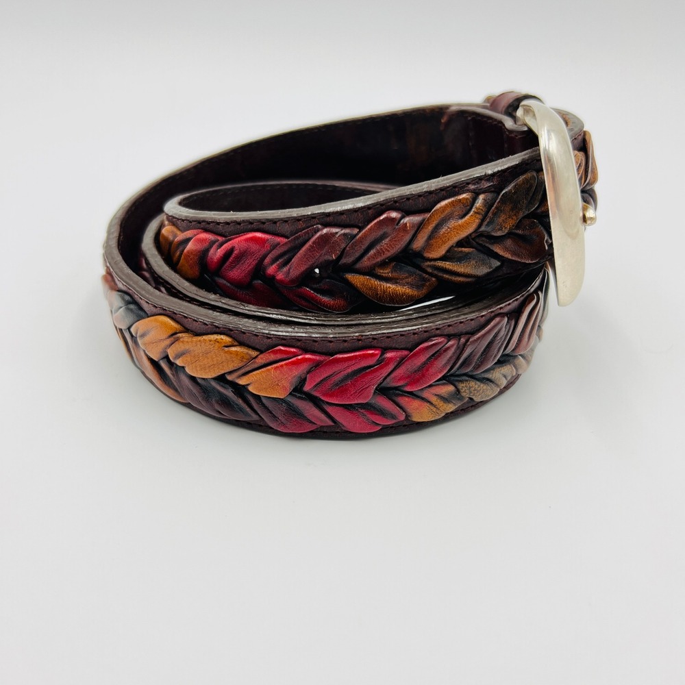 The Territory Ahead Mens 38 Braided Leather Leaf Belt Colorful Western Boho 90s - Picture 2 of 12